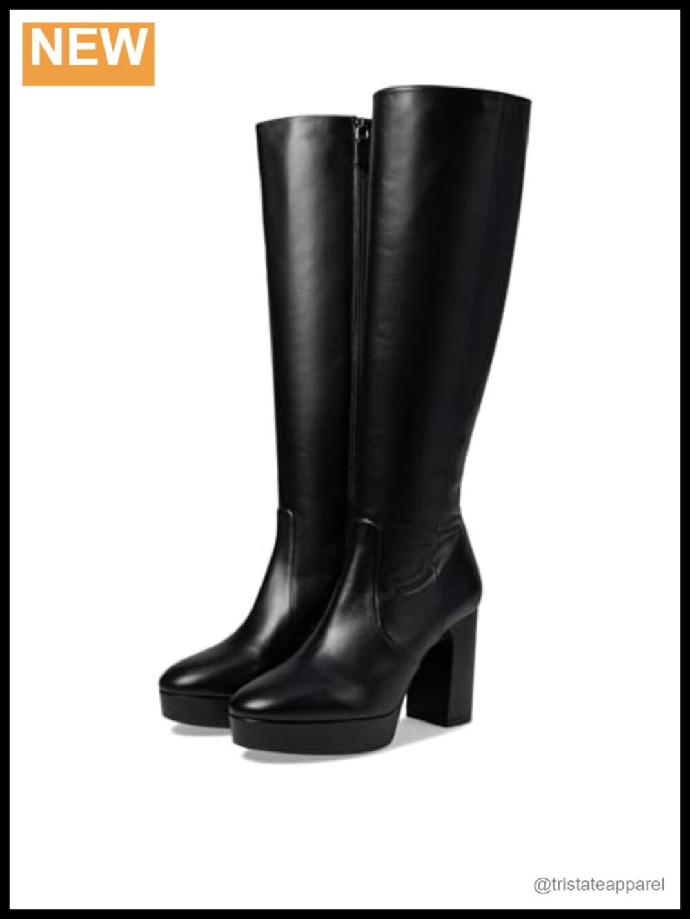 Leather Knee High Platform Boots Block Heel Round Toe Zip Closure Women's Shoes